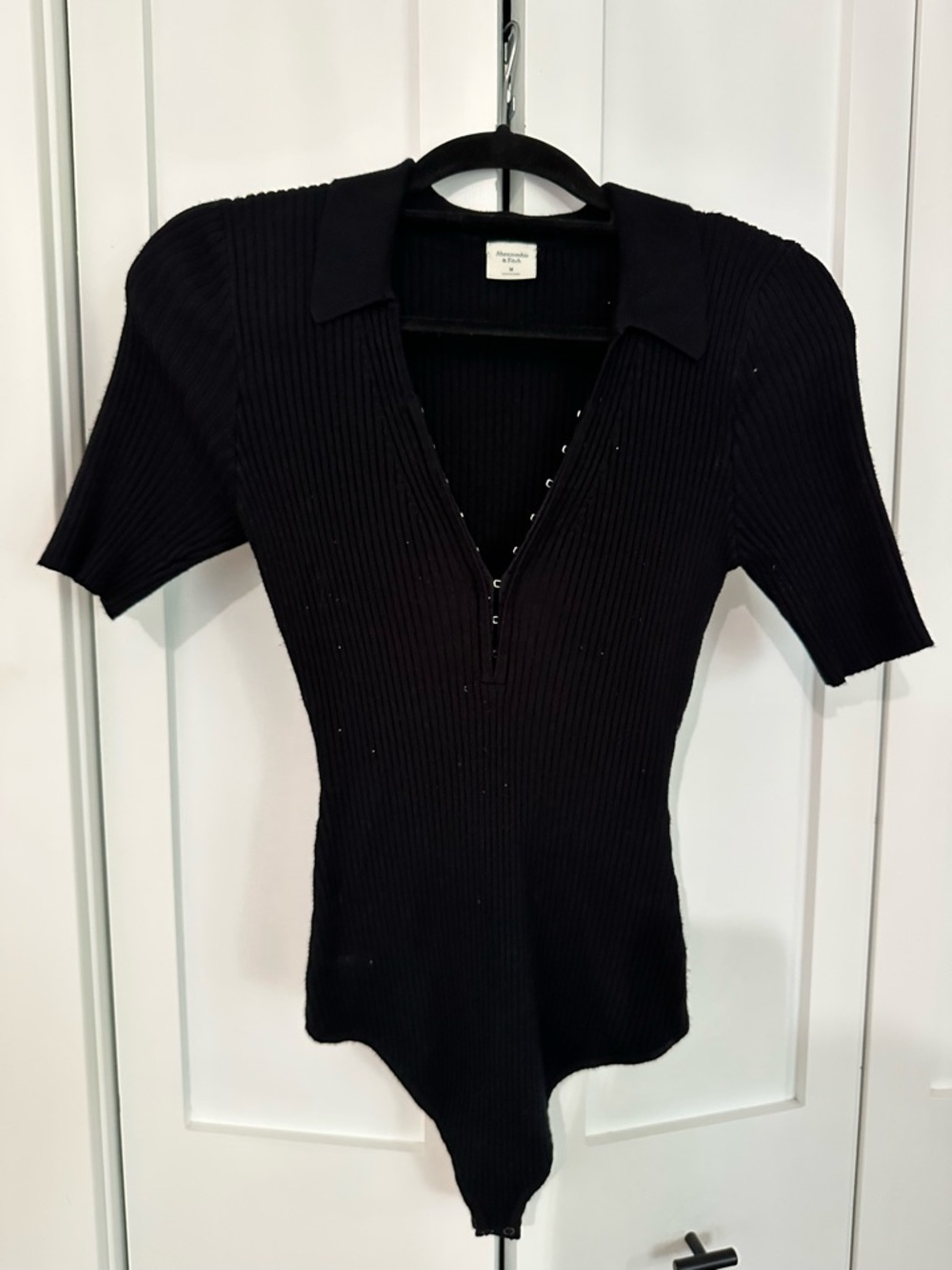 Abercrombie & Fitch Black Ribbed Polo-Style Short Sleeve Bodysuit
